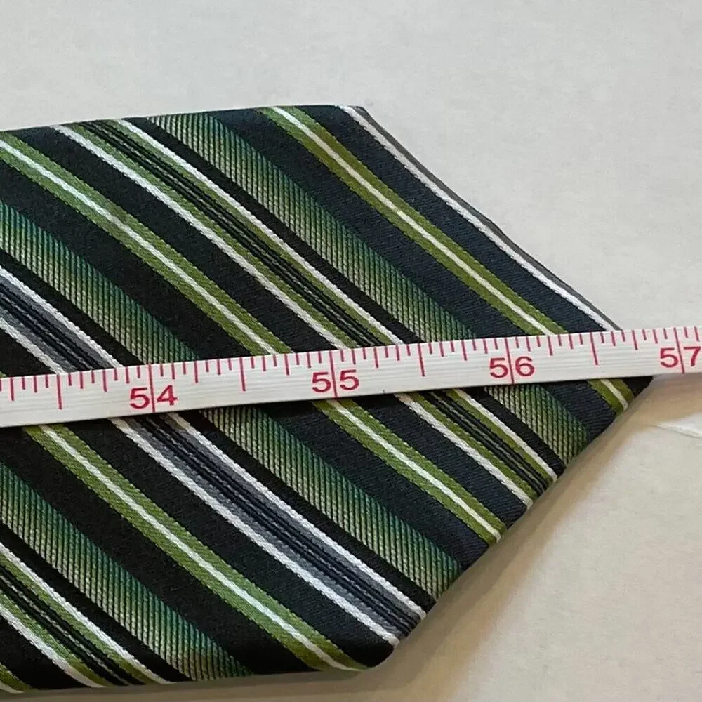 Geoffrey Beene Green Gray Stripe Silk Tie, Minimalist, Preppy, Classic 57